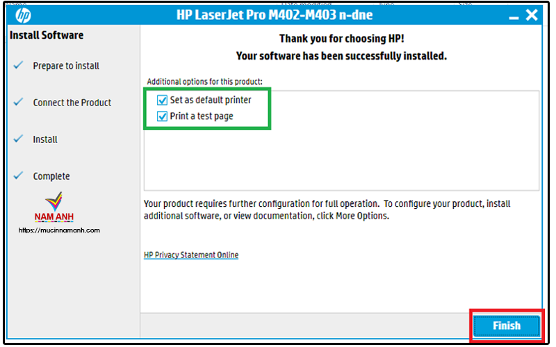 kết thúc quá trình cài đặt máy in HP M402dn
